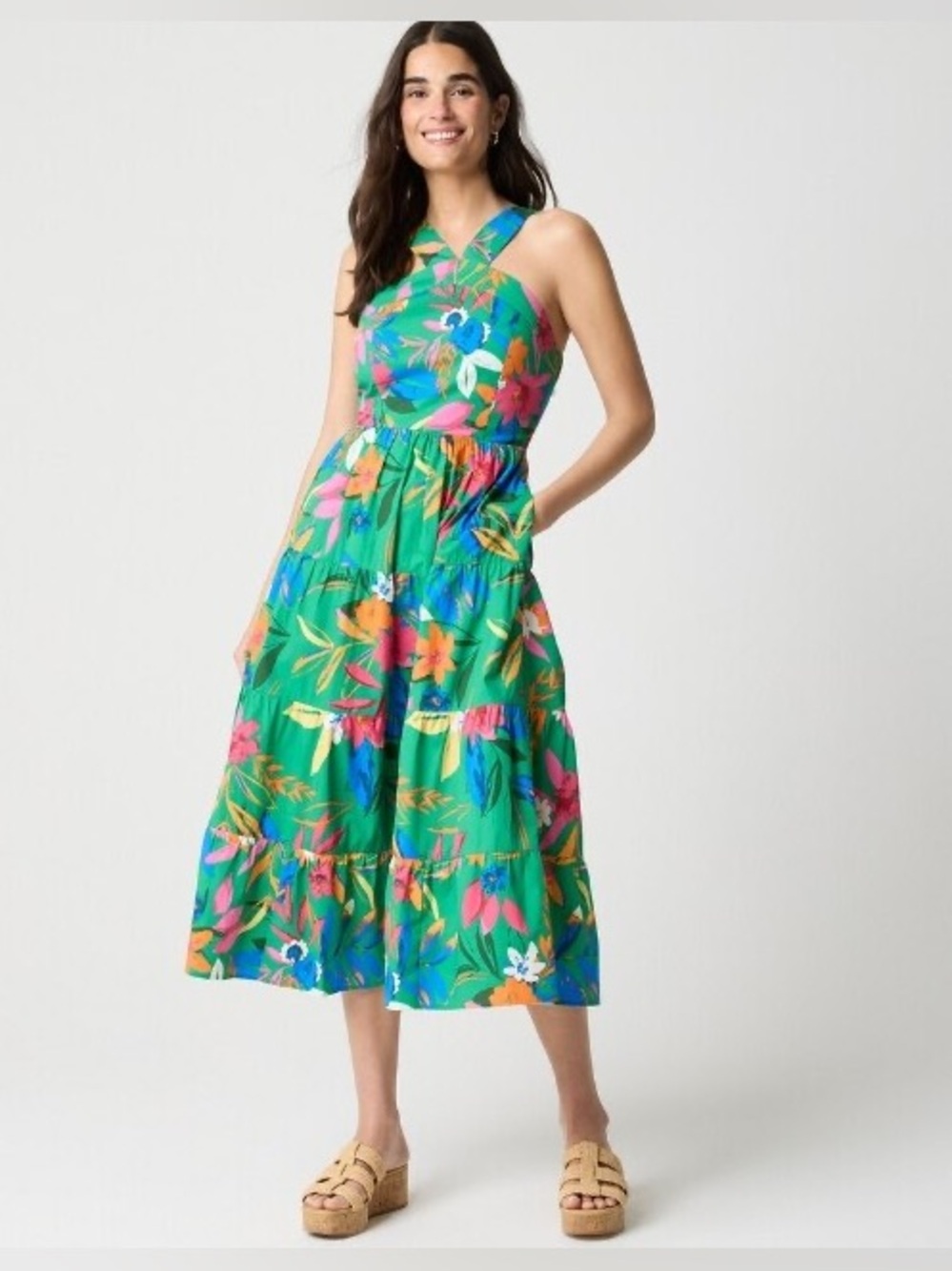 J. Crew Green Tropical Floral Halter Midi Dress with Multicolor Blooms